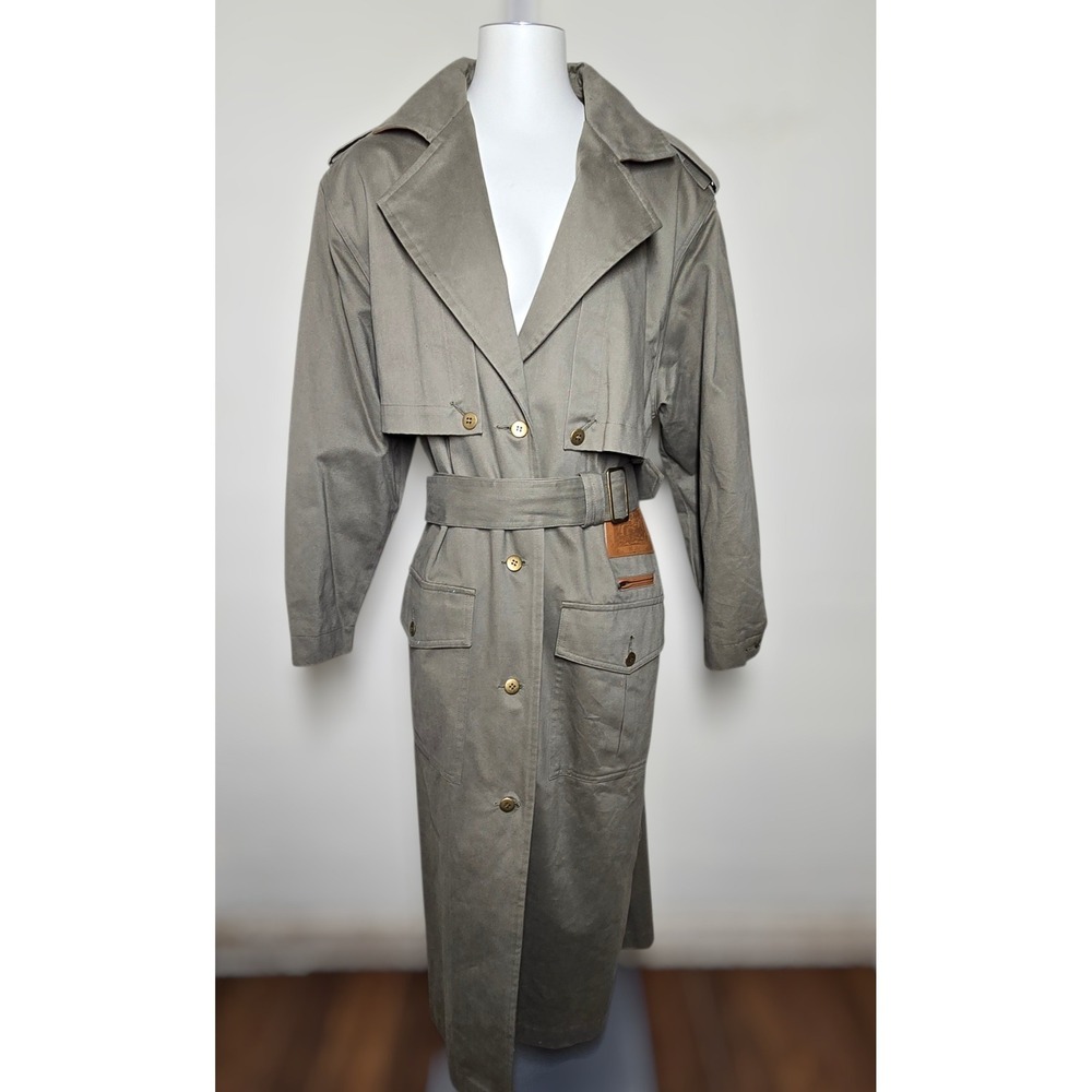 TOGETHER Vtg Military Style Green Belted Trench Coat Size 10‎ 100%cotton